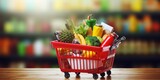 Red shopping basket with complete food ingredients