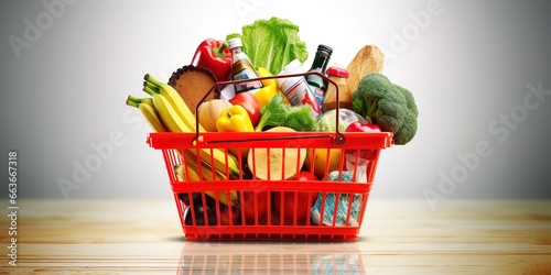 Red shopping basket with complete food ingredients