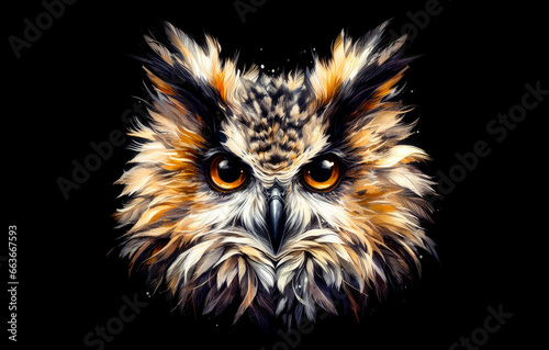 Colorful owl face portrait, wallpaper, digital art, watercolor, black background generated by artificial intelligence