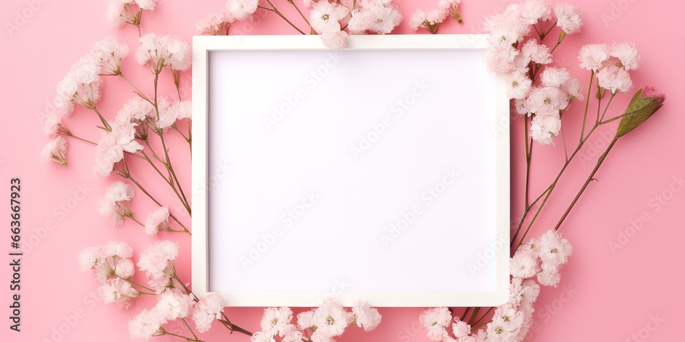 white frame with floral decoration on a pink background