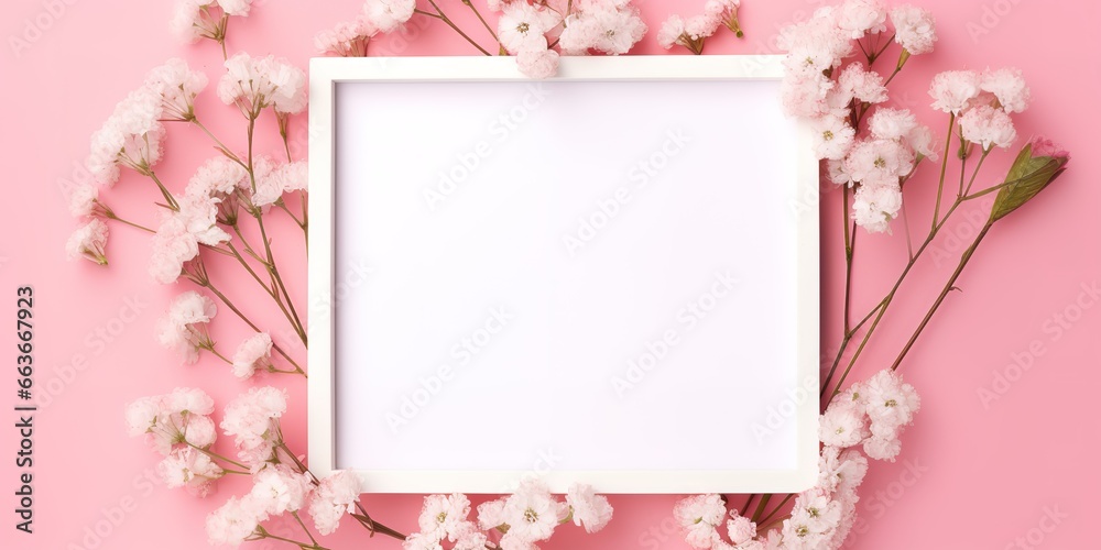 white frame with floral decoration on a pink background white frame with floral decoration on a pink background