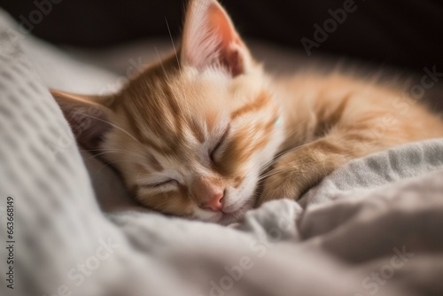 Sleeping baby cat cuddling and hugging for a cozy nap time. Generative AI