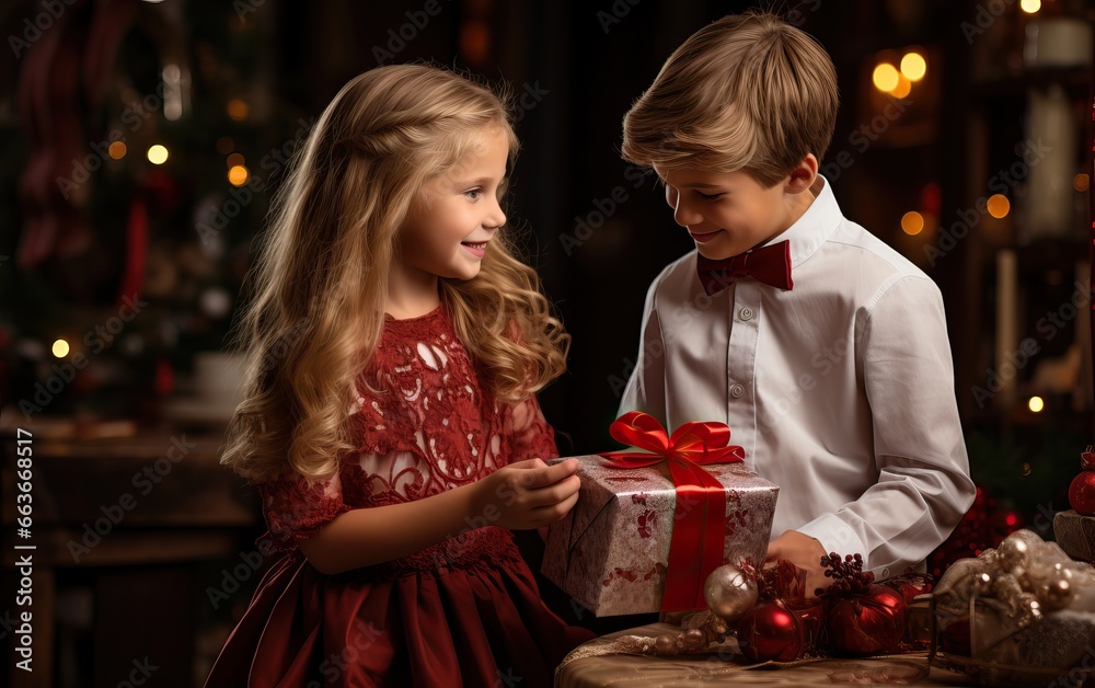 Cute little children with Christmas gifts in living room Cute little children with Christmas gifts in living room