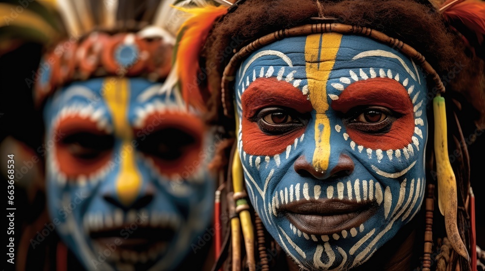 Tari, Papua New Guinea, A Huli Wigman in ceremonial costume and make-up. Tari, Papua New Guinea, A Huli Wigman in ceremonial costume and make-up.