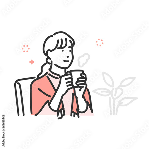 リラックスして暖かい飲み物を飲む女性のシンプルな線画イラスト