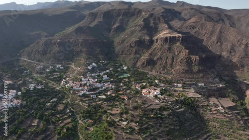 Orbital aerial view of the city of Temisas and the Audiencia caves in the municipality of Aguimes, Gran Canaria. photo