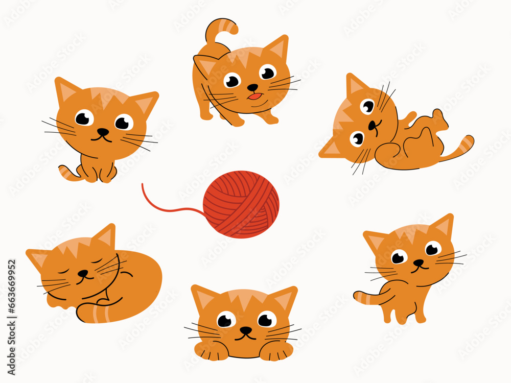 Red cute kitten in different poses with a ball. Vector cartoon flat illustration. Funny playful kitten isolated on a white background. Red cute kitten in different poses with a ball. Vector cartoon flat illustration. Funny playful kitten isolated on a white background.