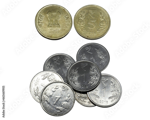 five rupees coin, and one rupees coins. on white background. Rupees, Indian Currency coins money, business real estate concept.