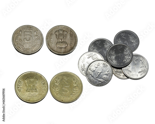 five rupees coin, and ten rupees coin, and 1 rupees coins. o white background. Rupees, Indian Currency coins money, business real estate concept.