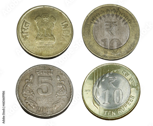 five rupees coin, and ten rupees coins. on white background. Rupees, Indian Currency coins money, business real estate concept.