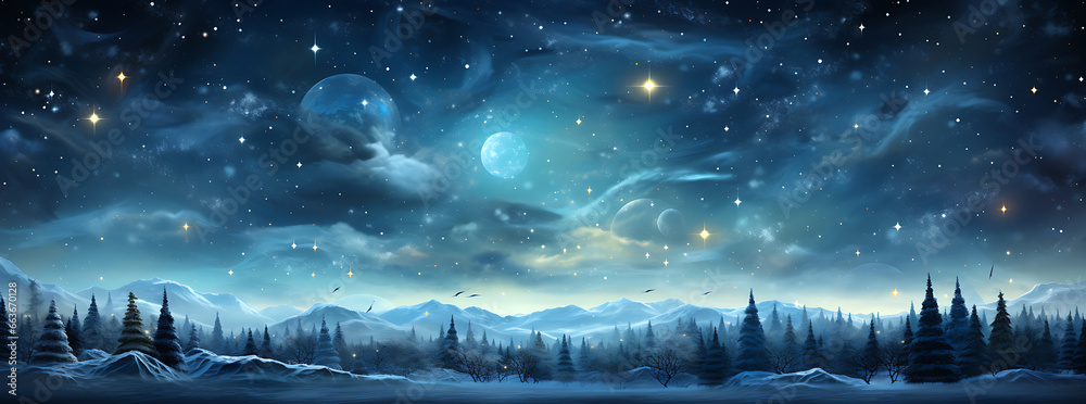 A snow falling from a blue sky on the blue, dark turquoise and white background, Christmas image, photorealistic illustration.