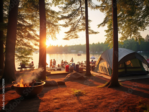 A serene summer campsite by the lake, with rustic style and raw natural beauty.
