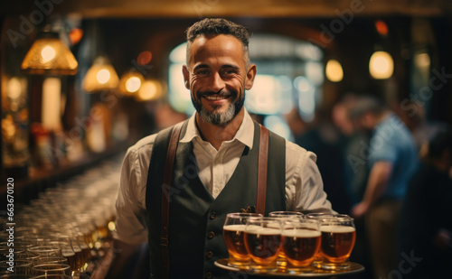 Waiter serving beer at Oktoberfest German beer festival.