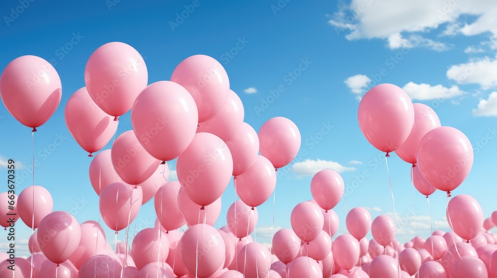 Pink balloons floating in a clear blue sky.