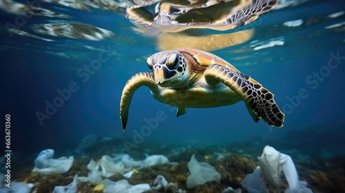 Swimming sea turtle with water polluted household garbage, Environmental disaster in sea.