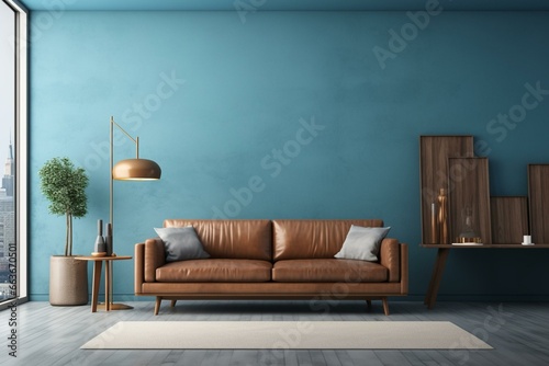 Minimalistic city theme room featuring a brown sofa and blue wall. Generative AI photo