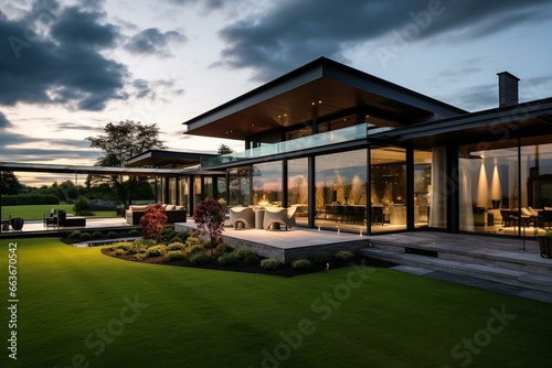 Contemporary residence with expansive glass walls, surrounded by a garden, situated in a countryside beneath a stunning sky. Generative AI © Miriam