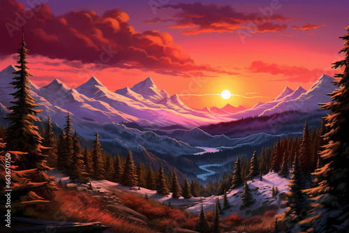 A stunning sunset illuminates the sky as it kisses the majestic mountains in a serene setting.
