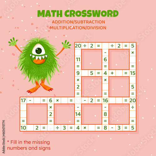 Math Crossword puzzle. Addition, subtraction, multiplication and division
