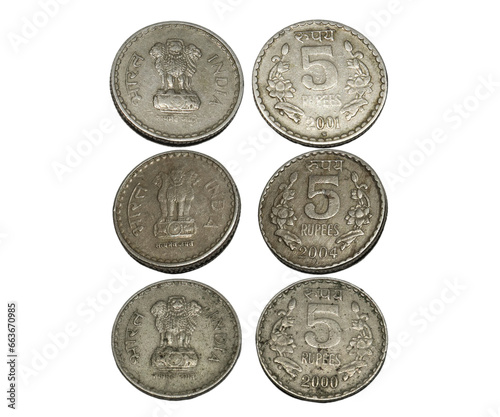 five rupees coin Indian old coin. on white background. Rupees, Indian Currency coins money, business real estate concept.