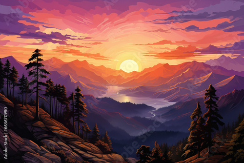 A breathtaking sunset with vibrant colors casting a beautiful glow over a mountainous landscape.