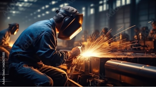 Industrial Worker at the factory welding.