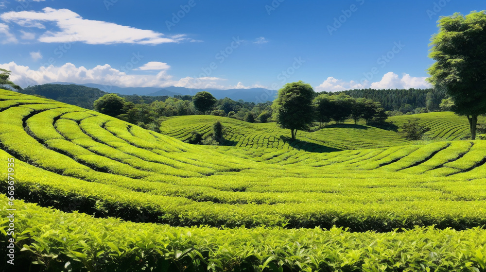 A picturesque tea garden on a sunny day, captured in raw format with a vintage 52 style look.