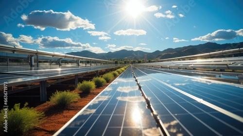 Solar Panels, Rows of glistening solar panels under a clear blue sky, Converting sunlight into energy.