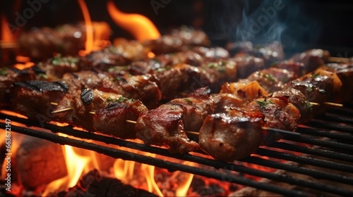 Succulent and delicious grilled meat skewers on the bbq rack, Appetizing fresh meat.