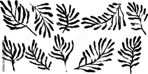 Tropic Leaves Icon Set. Grunge Dry Brush Illustration.