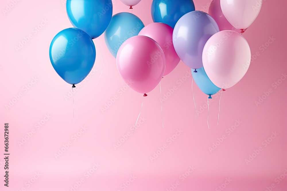 Floating multicolored balloons against soft pink background. Celebration and festivity.