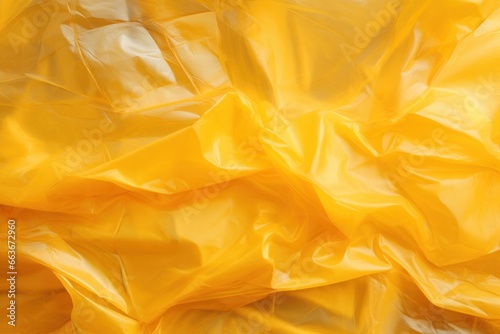 Minimalistic yellow texture of transparent wrinkled plastic. Crumpled wrinkled plastic cellophane. Reflects light and shadow on the folds of the surface.