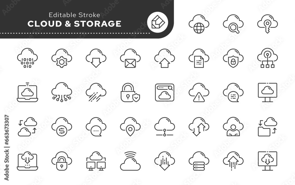 Cloud storage line web icons in outline linear style. Icon - digital ...