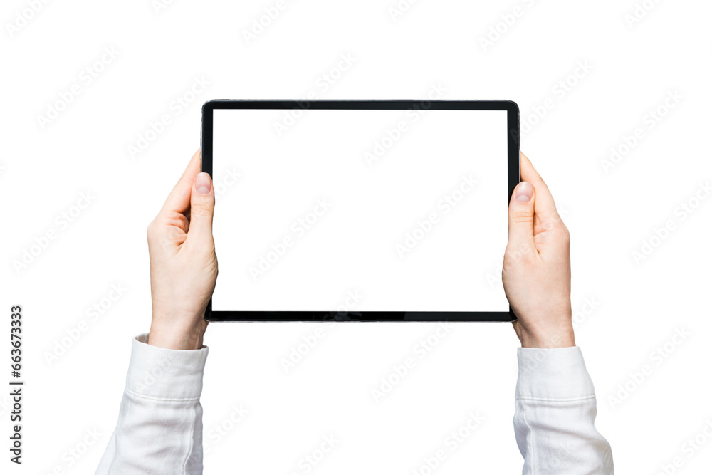 Close up image woman hands holding digital tablet with blank copy space screen for your text message or promotional content om table with cup of coffee. hands of a woman holding blank tablet device Close up image woman hands holding digital tablet with blank copy space screen for your text message or promotional content om table with cup of coffee. hands of a woman holding blank tablet device