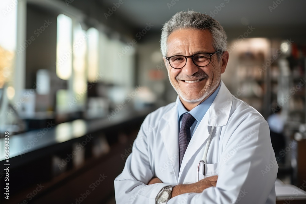 Doctor smiling, senior physician with medical coat, blur hospital background Doctor smiling, senior physician with medical coat, blur hospital background