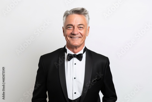 Portrait of happy senior man in tuxedo smiling at camera photo