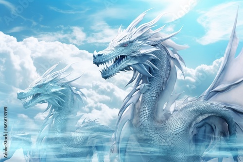 Majestic white dragons soaring above the clouds with fierce expression. Sky and cloud fantasy portrayal.