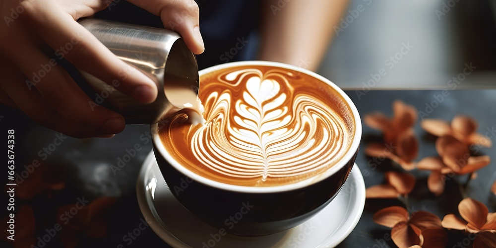 a coffee barista is pouring white milk to paint over an expresso coffee drink being painted - obrazy, fototapety, plakaty 