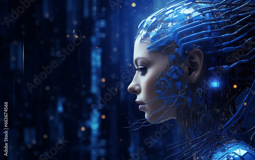 Futuristic cybernetic city background, woman in the night