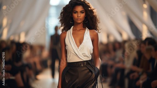 High fashion show with beautiful young white female model in fine designers creation. High fashion show with beautiful model runway haute couture. Portrait of a person in stage, copy space