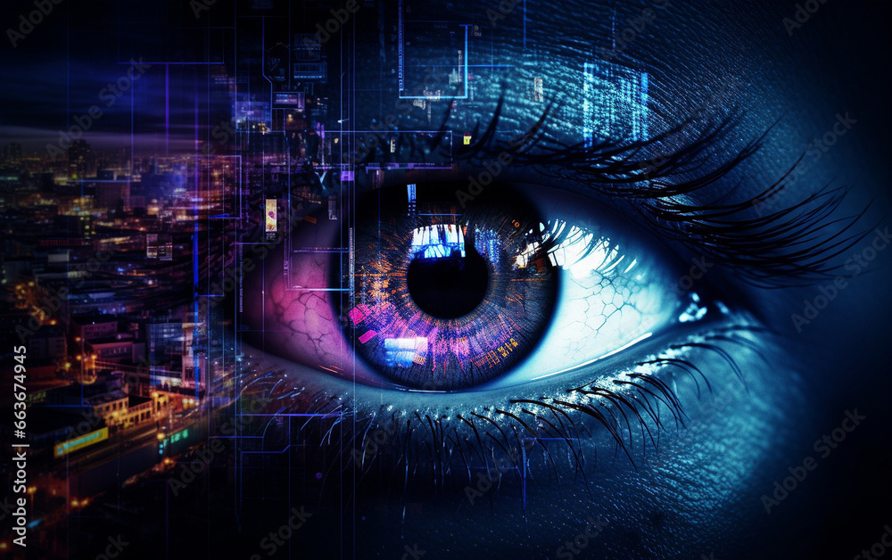 Futuristic cybernetic city background, eye of the world