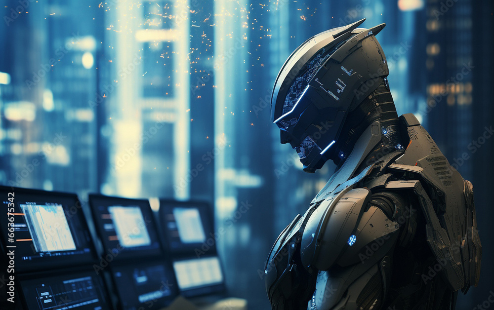Futuristic cybernetic city background, person Futuristic cybernetic city background, person