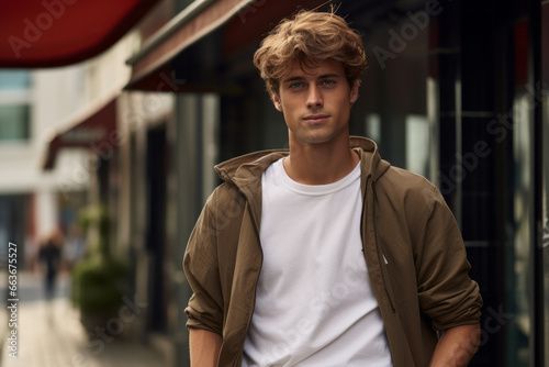 charming young male model with casual clothing standing on street, posing and looking at camera, natural light photo