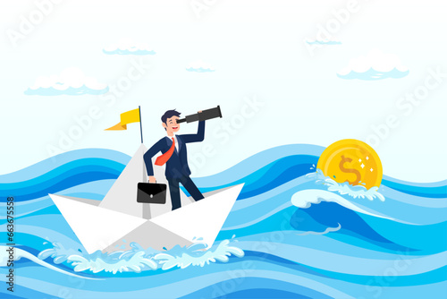 Businessman salary man investor riding the boat using telescope to see far golden money coin  financial planning target  vision and strategy for financial freedom or retirement saving goal  Vector 