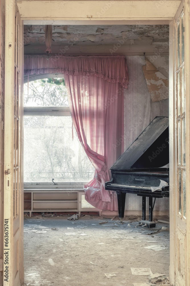 a piano in a room that was completely torn apart and has been replaced