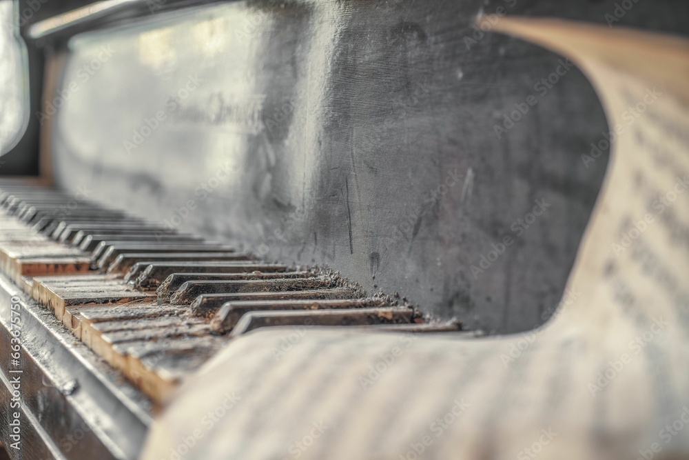 an old worn piano sitting on a piece of wood in a room