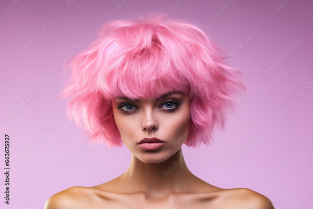 Young pink haired woman on a clean background