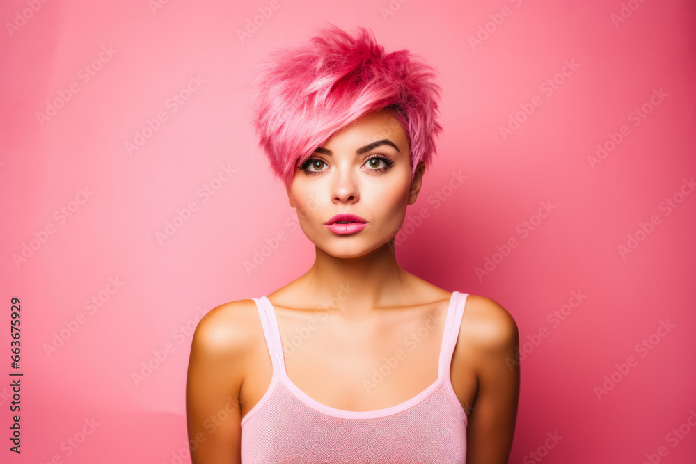 Young pink haired woman on a clean background Young pink haired woman on a clean background