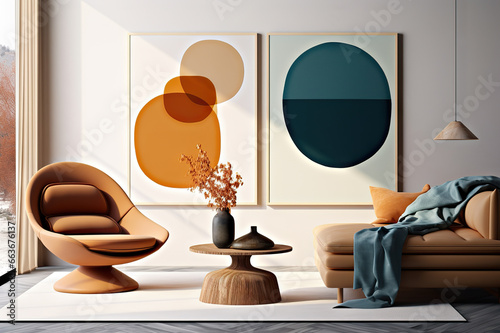Modern Minimalism Blue Sofa and Terra Cotta Lounge Chair in Stylish Living Room with Artful Wall Accents. created with Generative AI