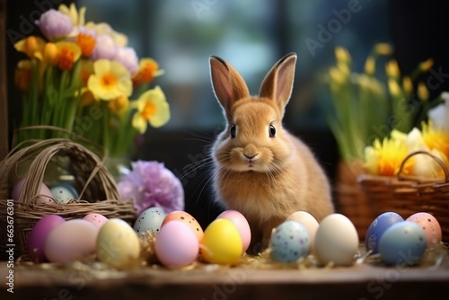 adorable small Easter rabbit with eggs and colorful spring flowers. Generative AI © Amelia